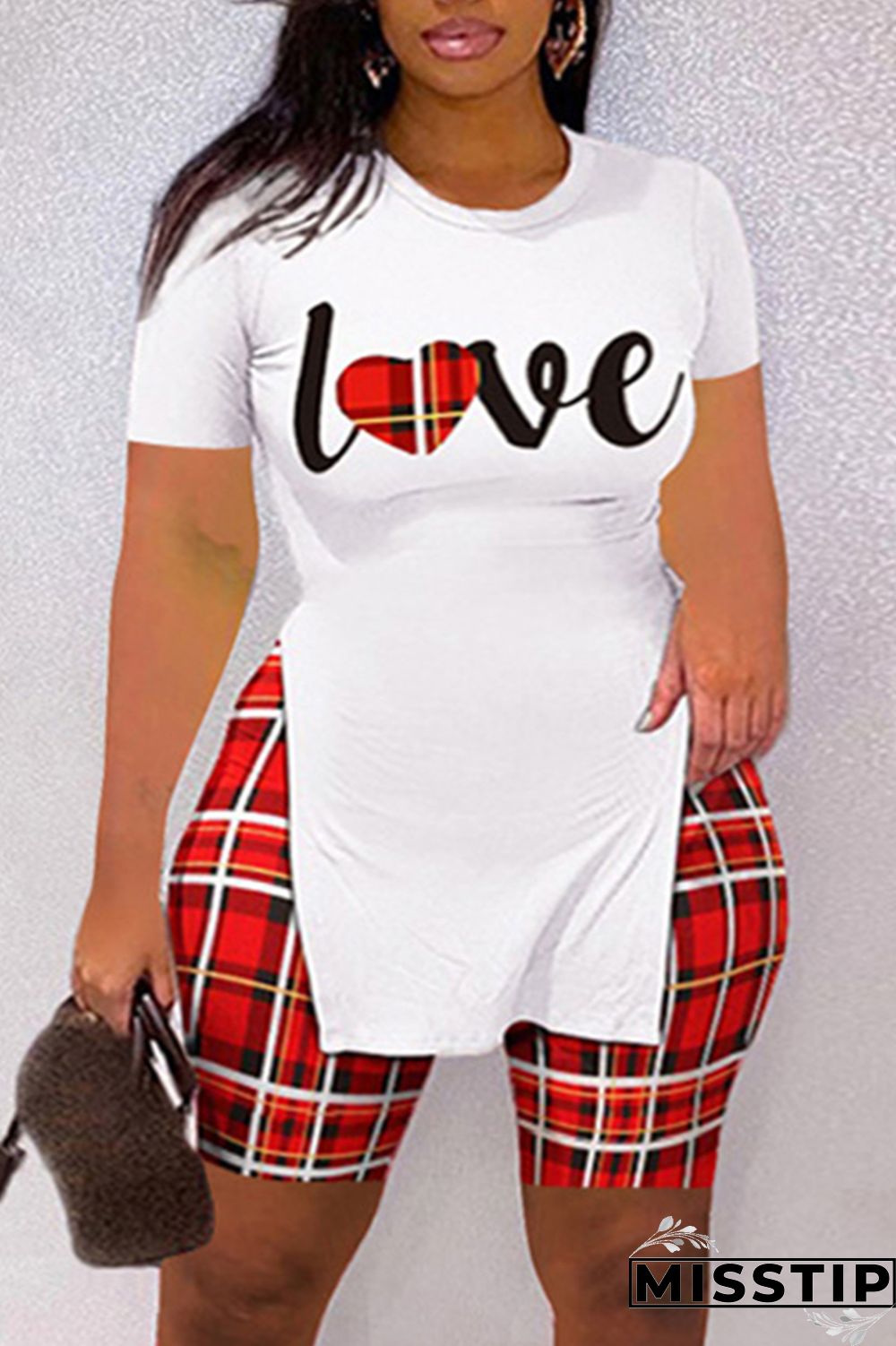 Khaki Fashion Casual Letter Print Slit O Neck Plus Size Two Pieces