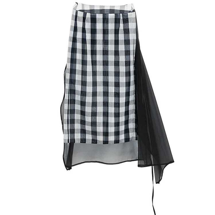 Art Plaid High Waisted Slit Hem Spliced Asymmetrical Tulle Straight Skirt