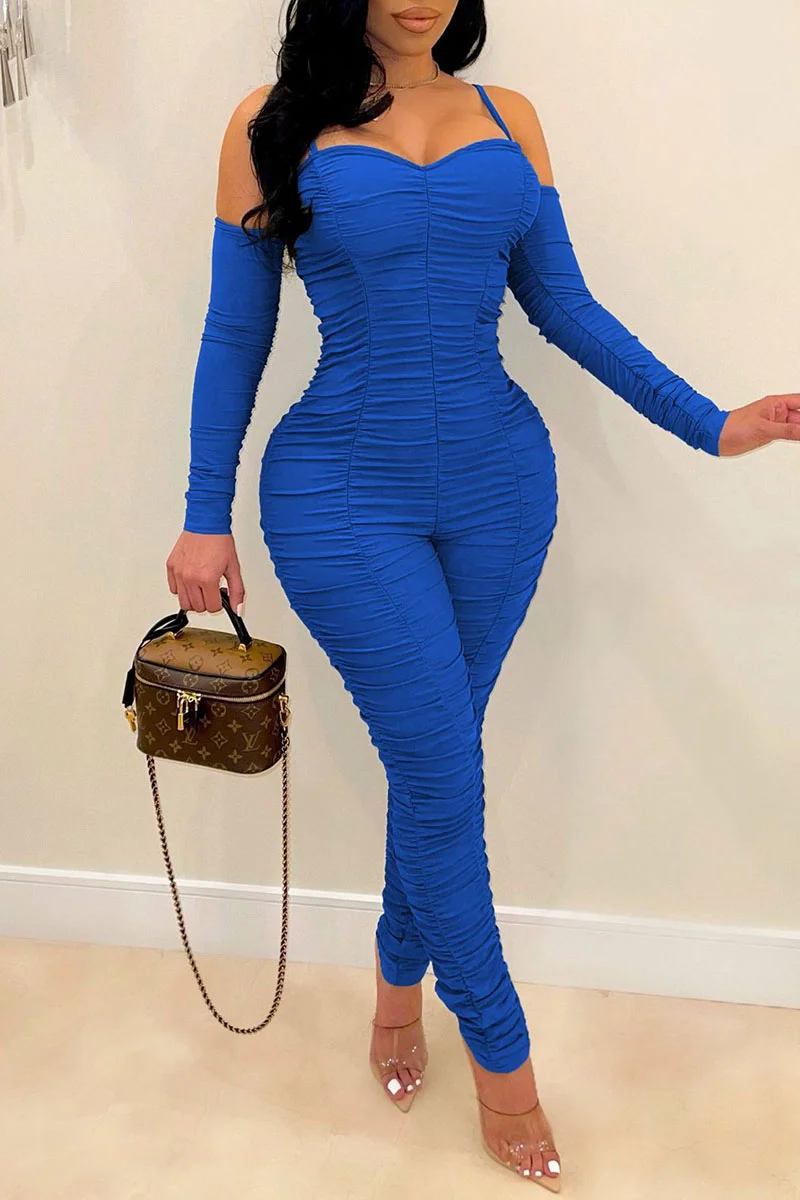 Blue Sexy Solid Split Joint Fold Spaghetti Strap Regular Jumpsuits