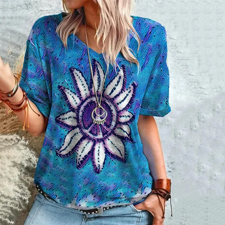 Casual Sunflower Peace Symbol Print T-Shirt