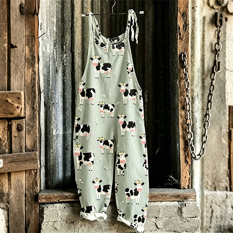 Comstylish Women's Cow And Floral Print Linen Blend Casual Overalls