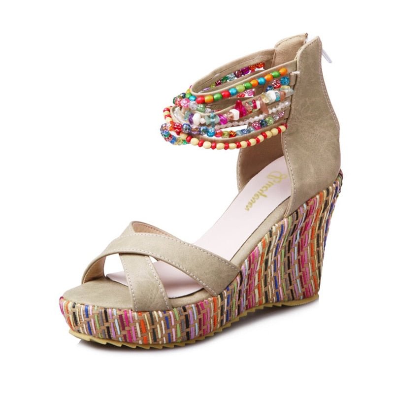 Lucyever 2019 Summer Women Colorful Beads High Heels Sandals National Style Wedges Platform Bohemia Shoes Woman Plus Size 34-43