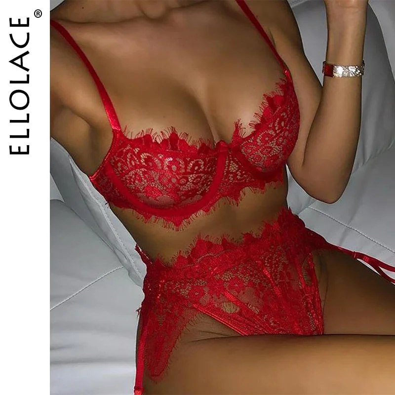 Ellolace Lace Women's Underwear Lingerie Bra Set Erotic Lingerie Underwear Women Set 3 Piece Set Lace Bra Hot Sexy Lingerie