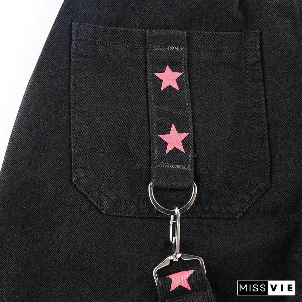 Star Print Ribbon Pocket Casual Denim Pants