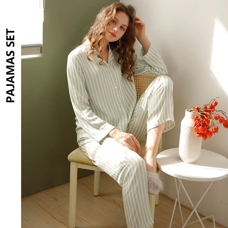 Women Green Striped Homewear Pajama Set