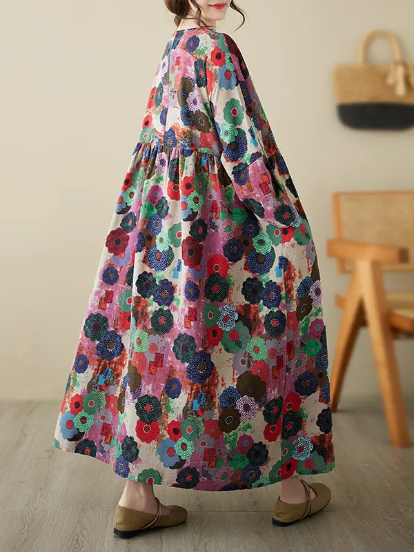 Flower Print Split-Joint Split-side Flared Sleeves Loose Deep V-Neck Midi Dresses