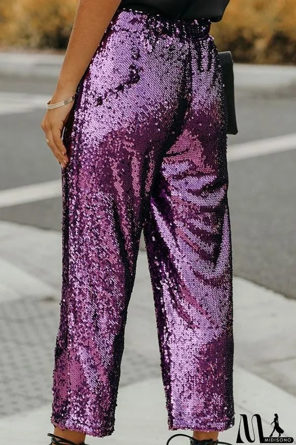MidiSono - Solid Sequins Drawstring Cropped Trousers