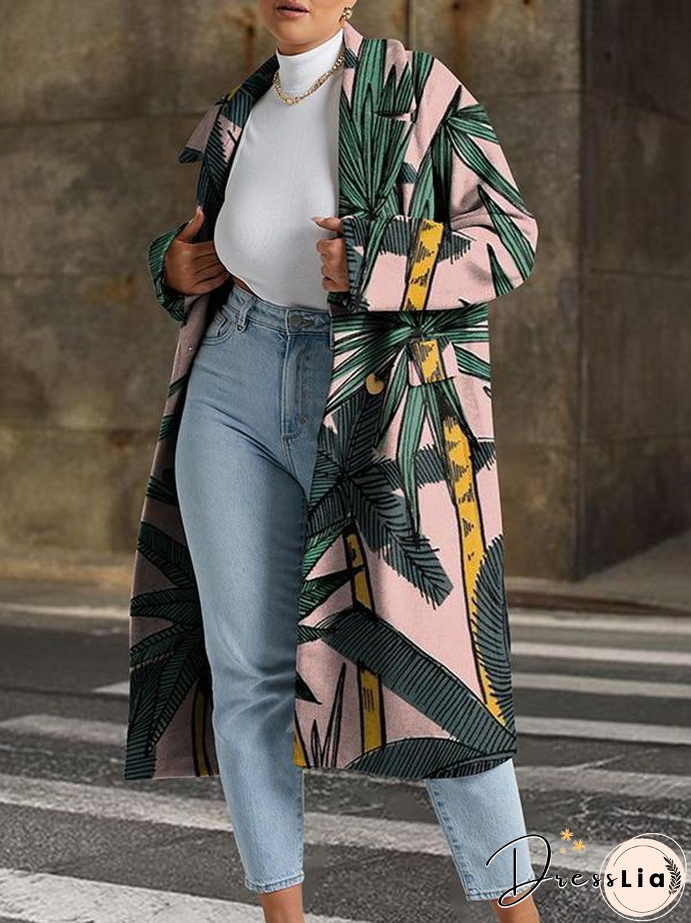 Leaves And Figure Printed Long Coat