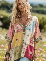 Women's Vintage Floral Print V-neck T-shirt