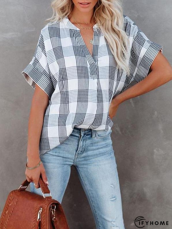 Women's Blouses V-Neck Plaid Short Sleeve Blouse | IFYHOME