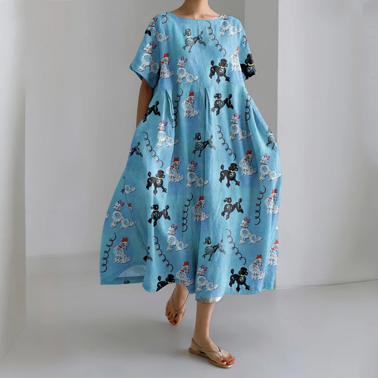 Cute Dog Print Crew Neck Short Sleeve Midi Dress