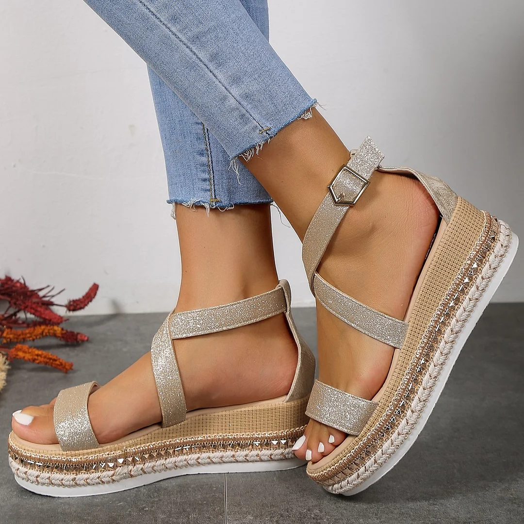 Yyvonne And Summer New Large-Size Hollow Fish Mouth Heel Sandals Women's Pine Cake Silver Bright Buckle Flat Women's Shoes