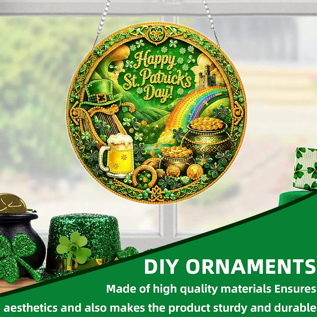 St Patricks Day DIY 2D Flat Acrylic Diamond Painting Kits 5D Diamond Art Painting Window Pendants for Home Garden Wall Decoration