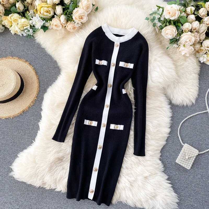 Croysier Women Dresses Office Lady Knitted Sexy Mini Bodycon Dress Contrast Color Trim Buttons Long Sleeve Winter Sweater Dress