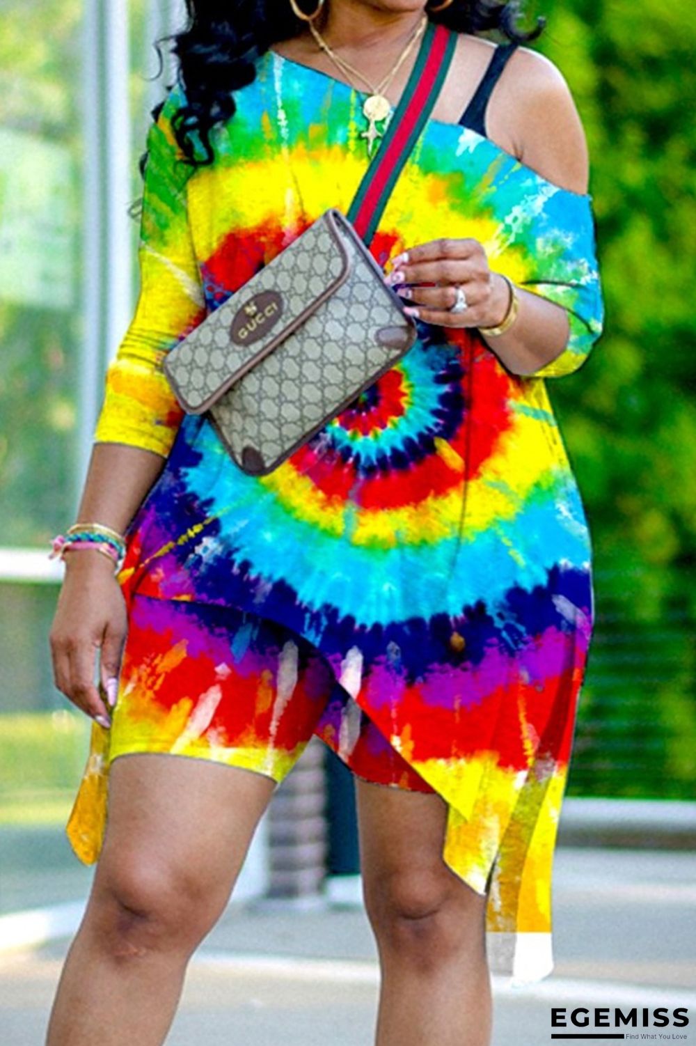 Yellow Sexy Patchwork Tie-dye One Shoulder Plus Size Two Pieces Sets | EGEMISS