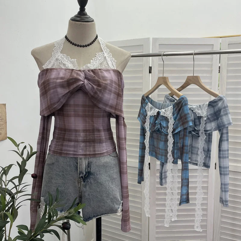 Nigikala Nigikala Hanging Neck Shoulder Mesh Yarn Long-Sleeved Top Design Y2k Short Repair T-Shirt 8070