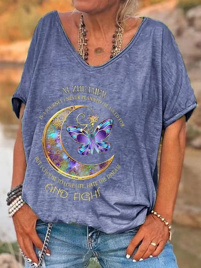 Women's Fight Alzheimer's Disease Awareness Butterfly Print V-Neck T-Shirt socialshop