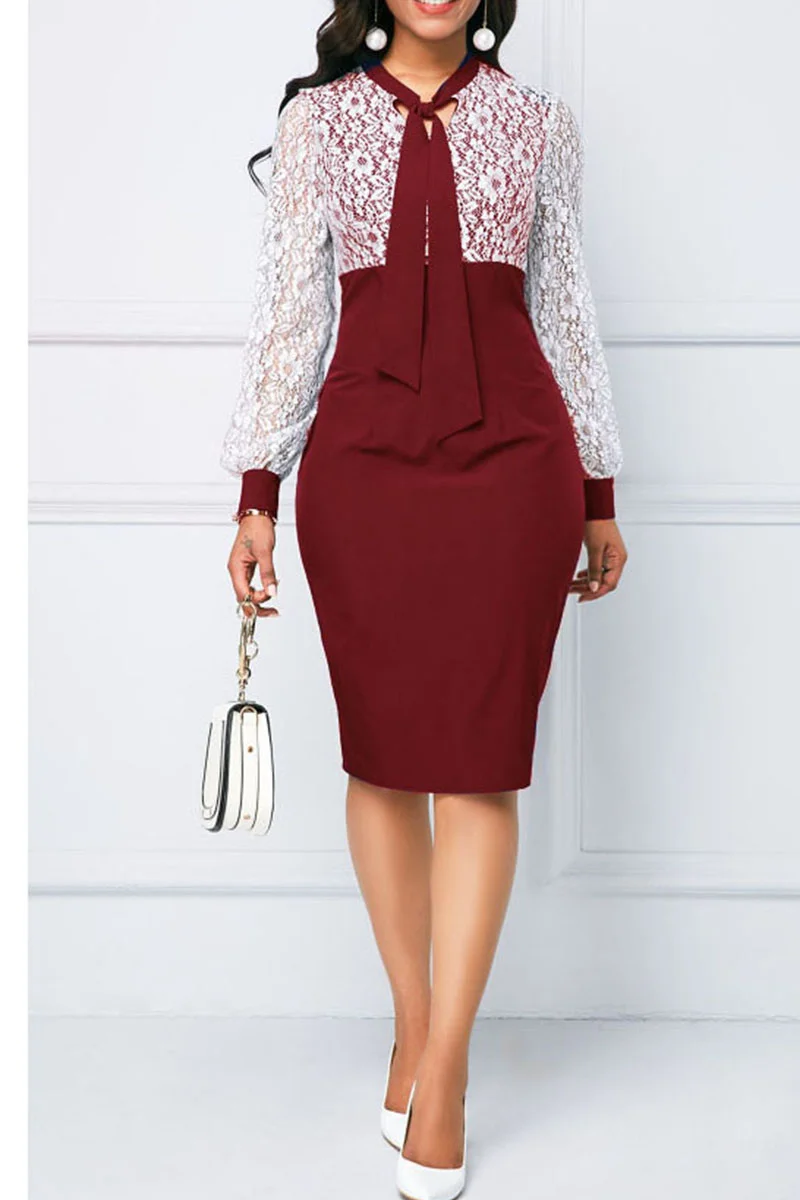 Red Casual Elegant Solid Bandage Hollowed Out Split Joint O Neck One Step Skirt Dresses