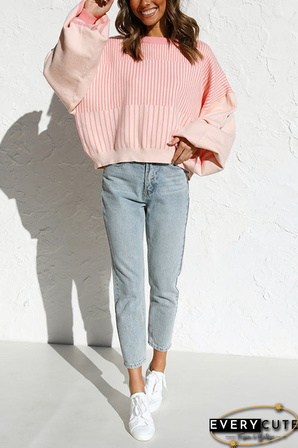 Gradient Stripe Puff Sleeve Sweater Shorts Set