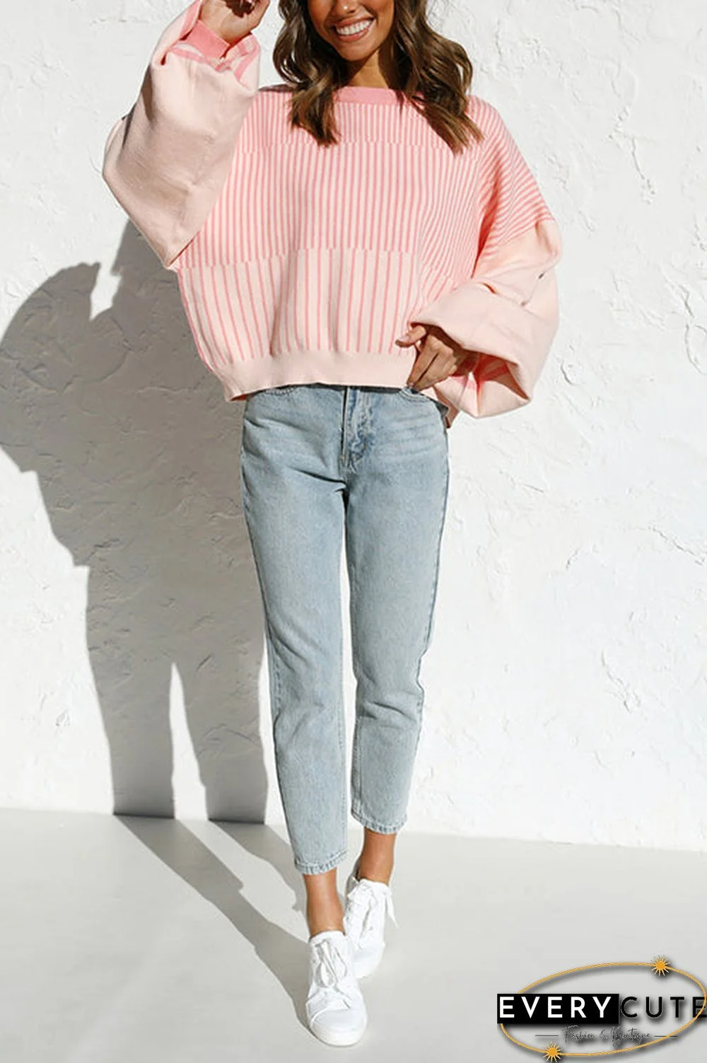 Gradient Stripe Puff Sleeve Sweater Shorts Set