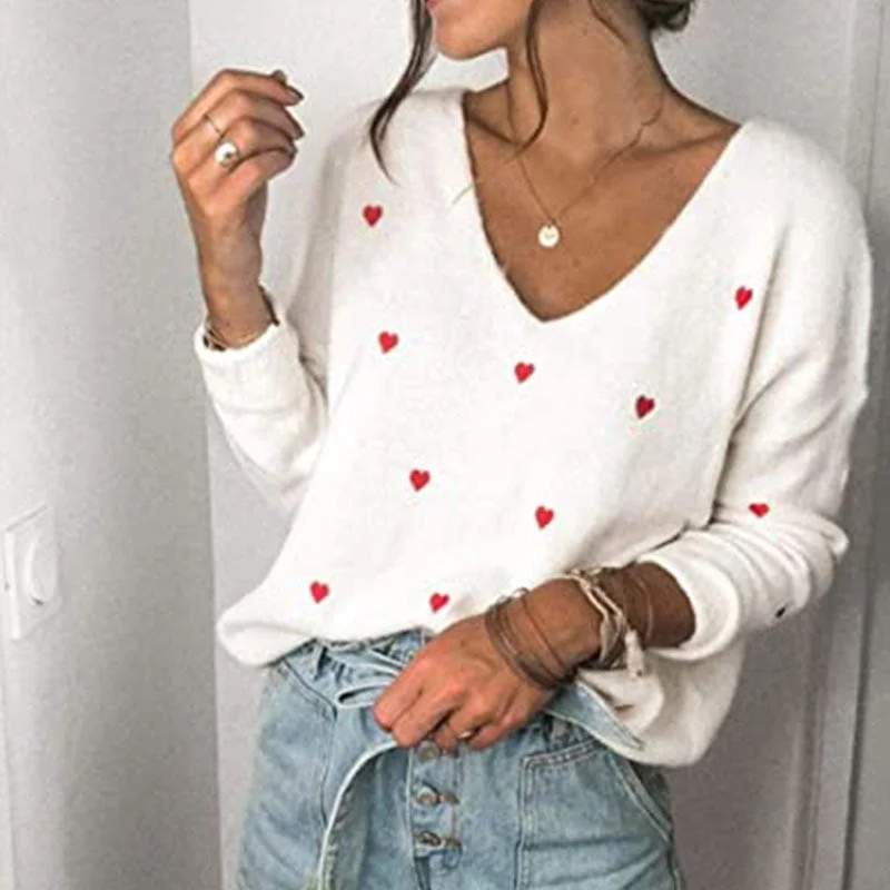 Valentine's Day Love Wave Point V-Neck Loose Pullover Sweater