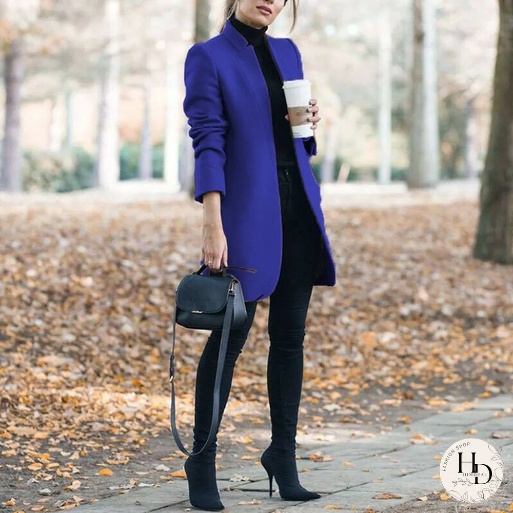 New Autumn and Winter Fashion Womens Solid Color Stand-Up Collar Woolen Coat Lapel Wool
