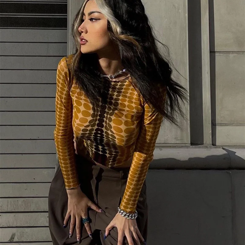 Uveng Uveng New Hot Style Fashion Street Polka Dot Print Slim Crop Long-Sleeve Top T-Shirt Women