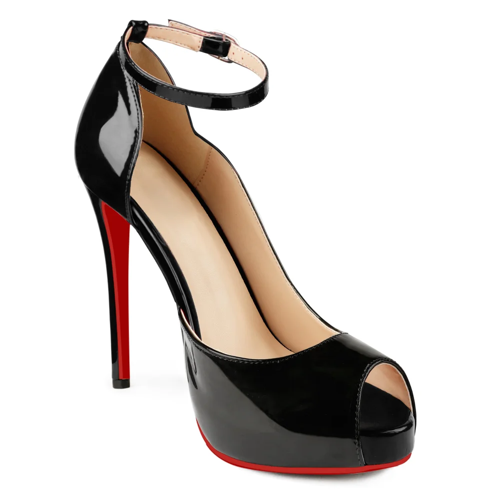 120mm Red Bottom Strap Platform Stilettos Pumps Round Chick Alta Patent Heels-MERUMOTE