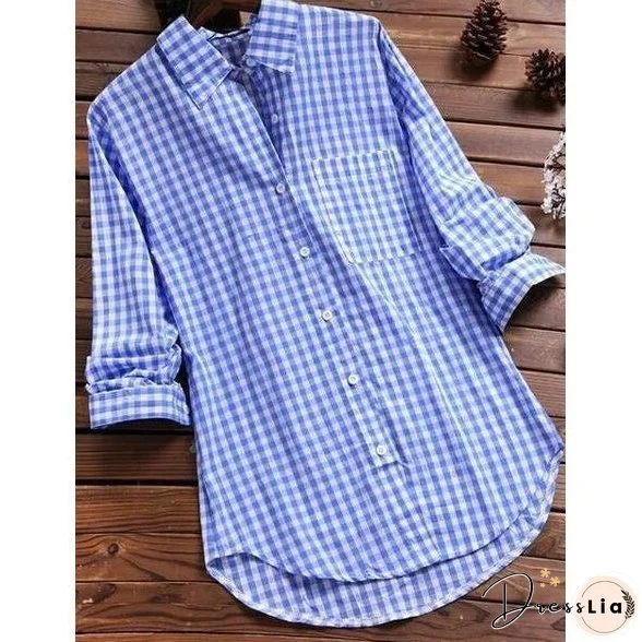 Women's Cotton Plaid Lapel Long-sleeved Retro Shirt Blouses