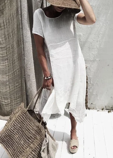 Women's Round Neck Short Sleeve Cotton Linen Midi Dress
