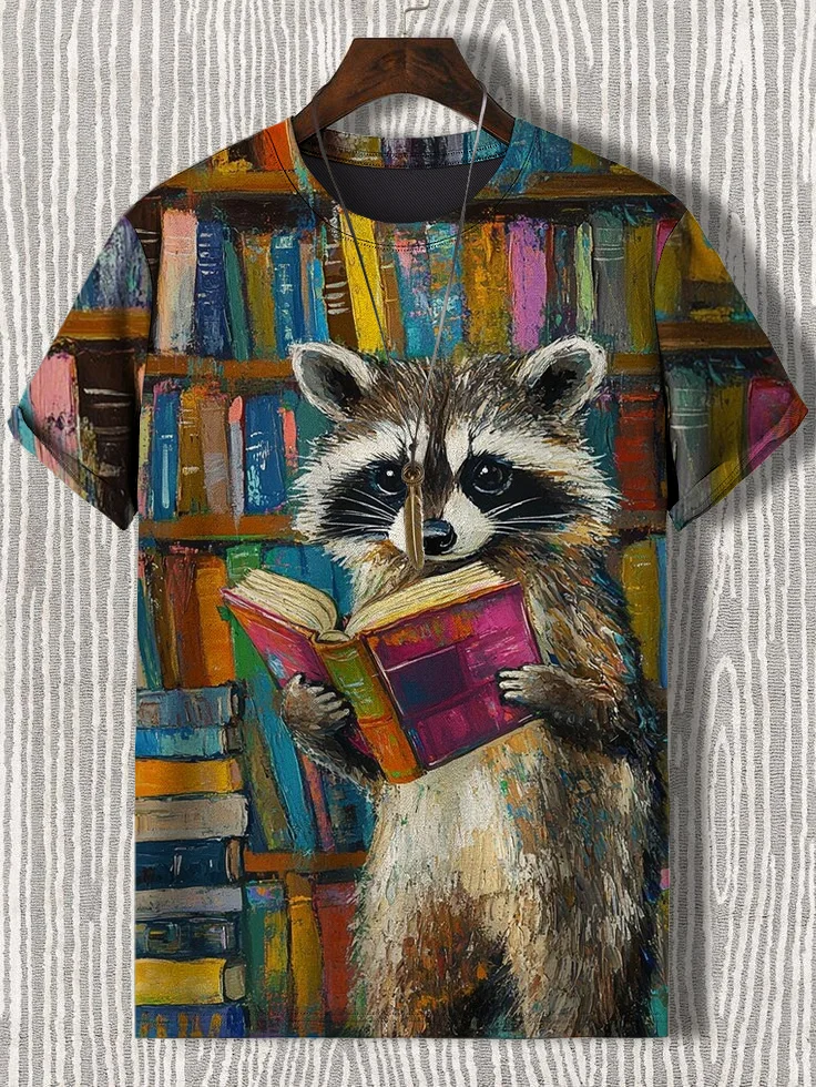 Men's Raccoon Reading Funny Print Casual T-Shirt