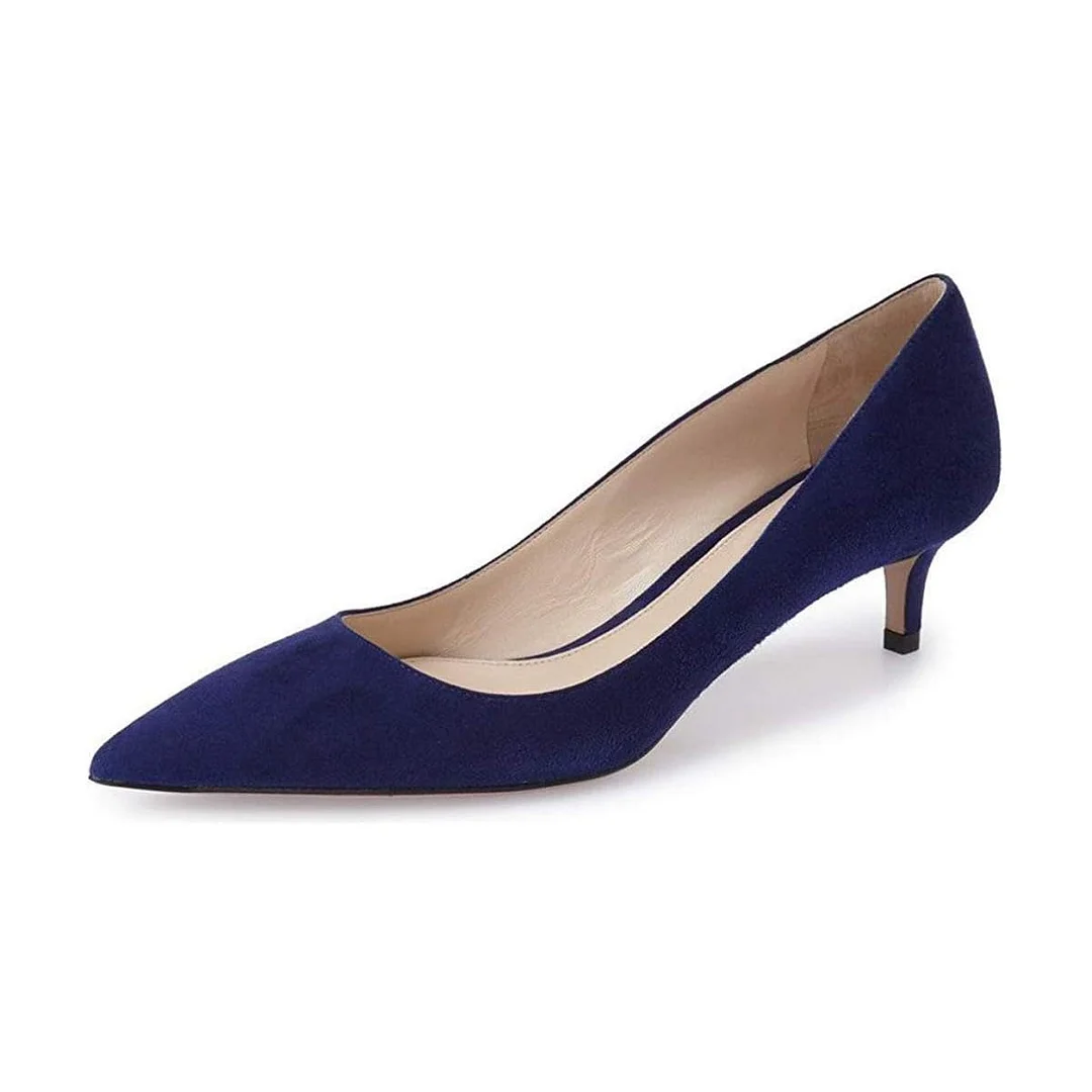 YDN Simple Navy Vegan Suede Pointed Toe Kitten Heel Pumps Shoes