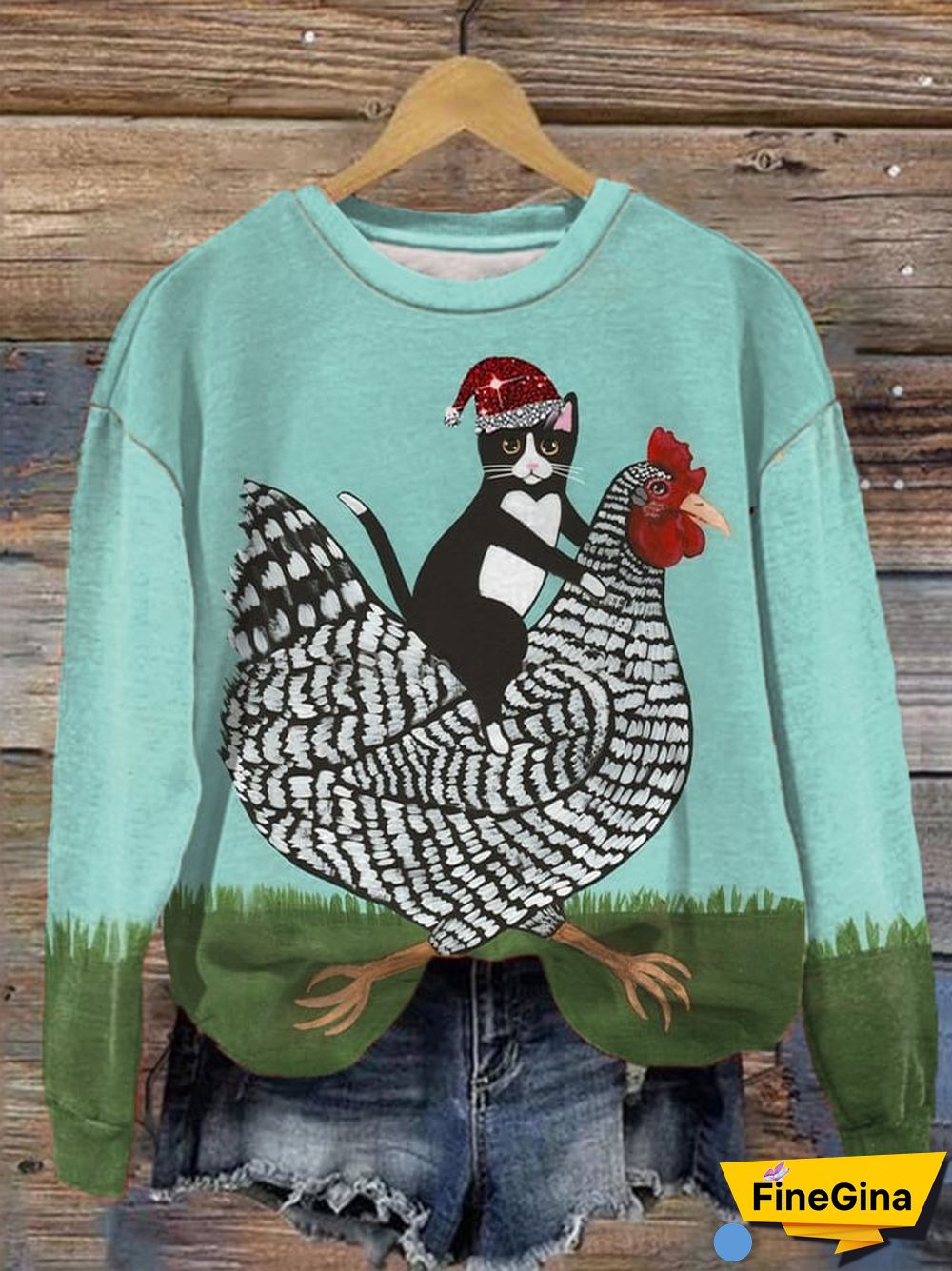Women's Funny Christmas Cat And Sledding Chicken Print Sweatshirt
