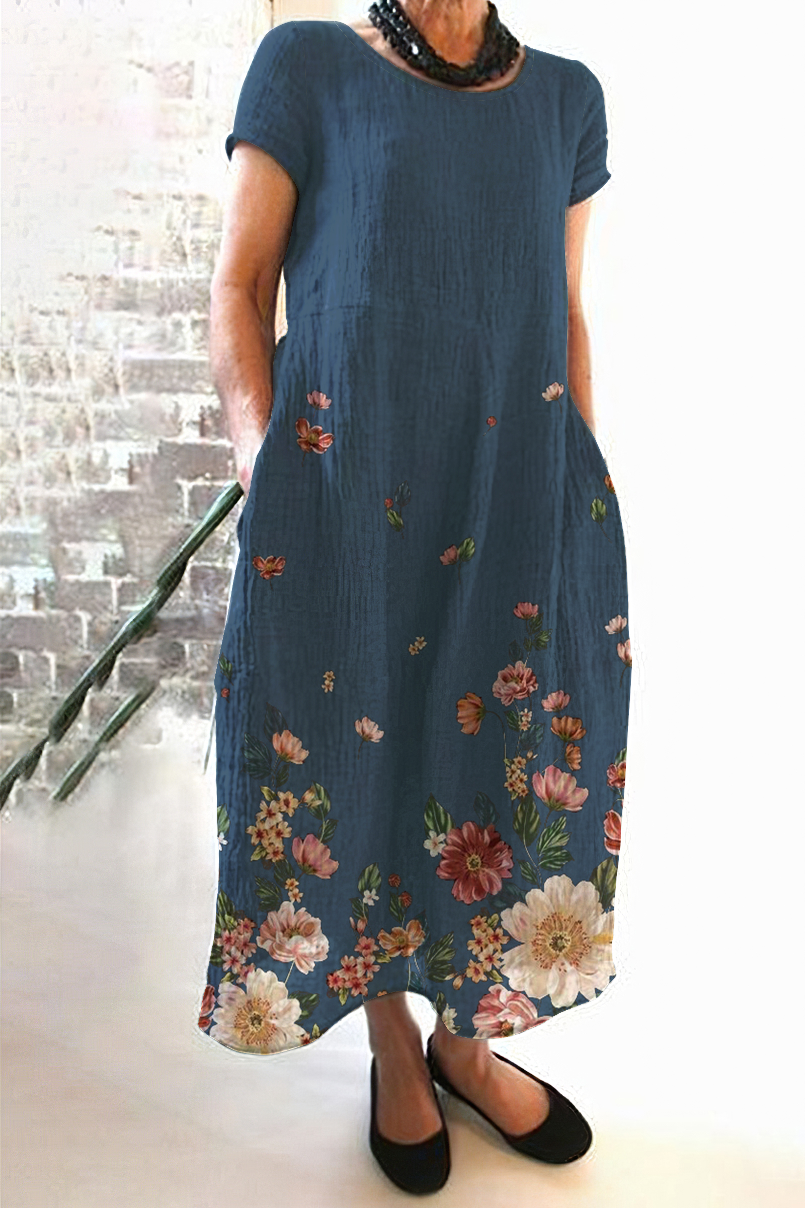 Casual Loose Botanical Floral Print Linen Midi Dress artswardrobe