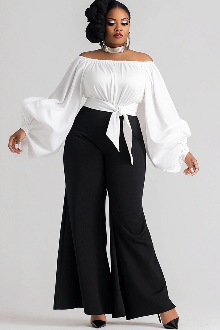 Xpluswear Design Plus Size Semi Formal Off The Shoulder Lace Up Lantern Sleeve Wide Leg Two Pieces Pants Set 