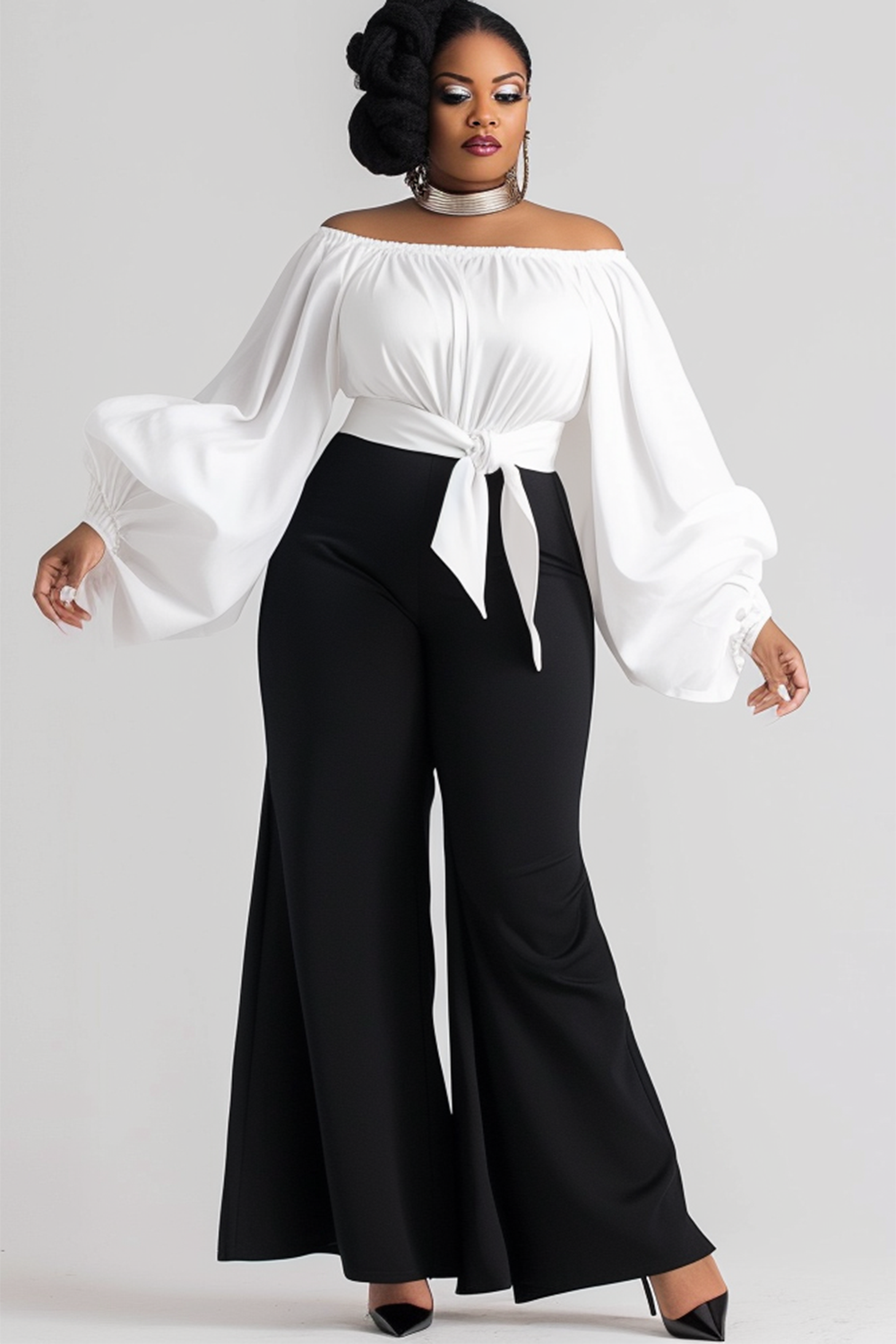 Design Plus Size Semi Formal Off The Shoulder Lace Up Lantern Sleeve Wide Leg Two Pieces Pants Set [Pre-Order]