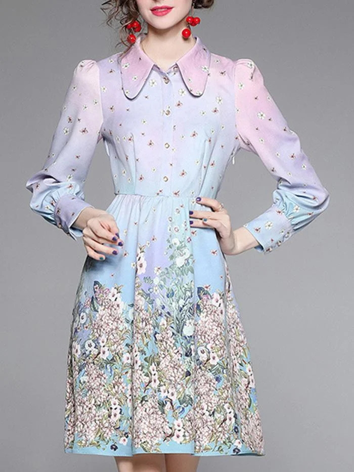 Printed Long-sleeved Single-breasted Dress