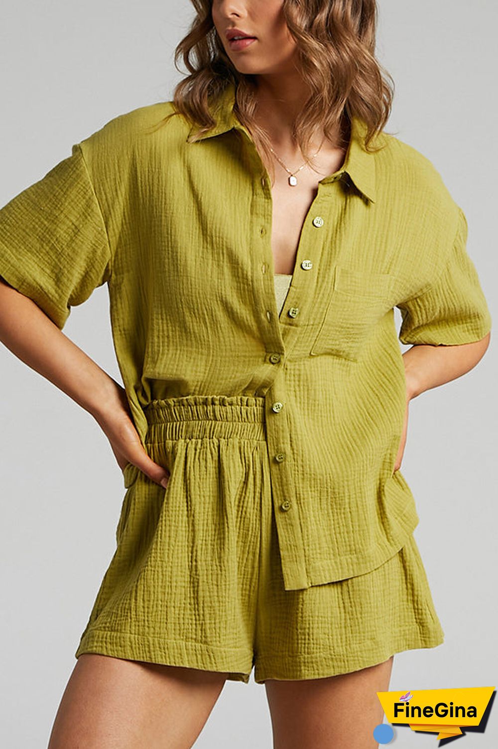 Button Half Sleeve Blouse Short Set