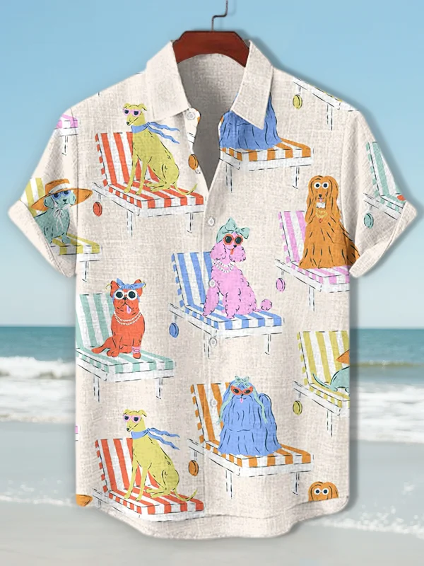 Men's Beach Dog Sunbathing Art Print Casual Shirt
