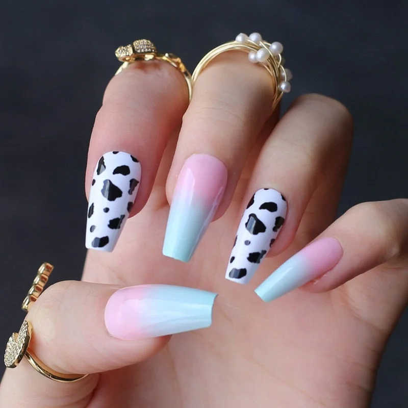 Black white mix and match cow print fake nails Medium coffin false nail UV design gel popular Black spots-Nail Inspo