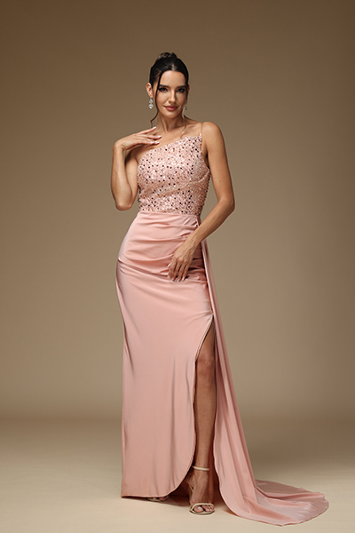 Oknass Glamorous One Shoulder Sheer Strap Sleeveless Pleated Prom Dress with Split