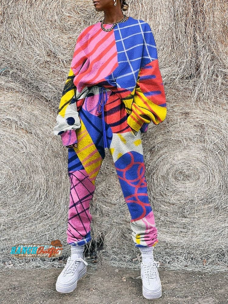 Women’s Vintage Art Print Sweatshirt Trousers Two-Piece Set Multicolor / S
