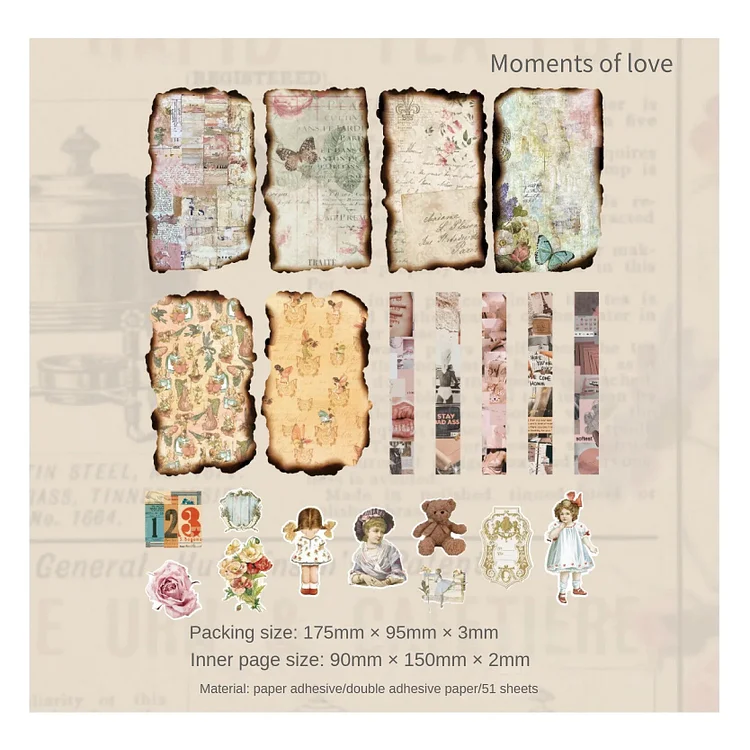 Journalsay 51 Sheets Light and Shadow Years Series Vintage English Text Washi Material Pack