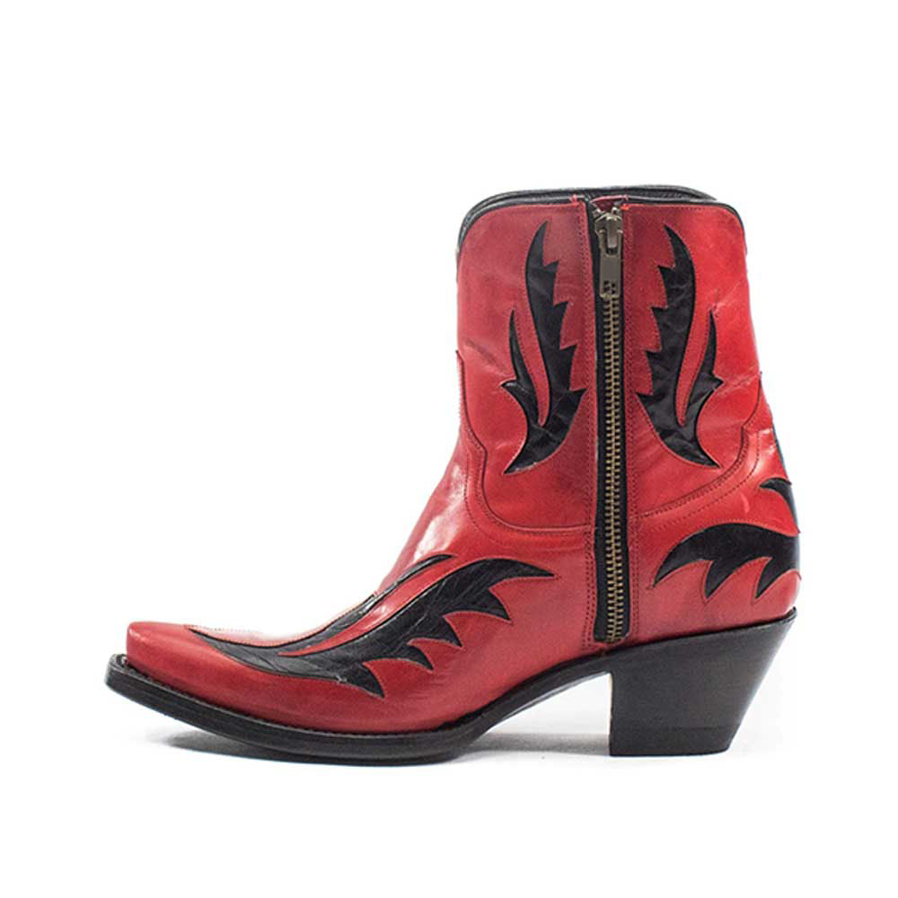 Red Chunky Heel Booties Snip Toe Black Pattern Inlay Cowgirl Boots