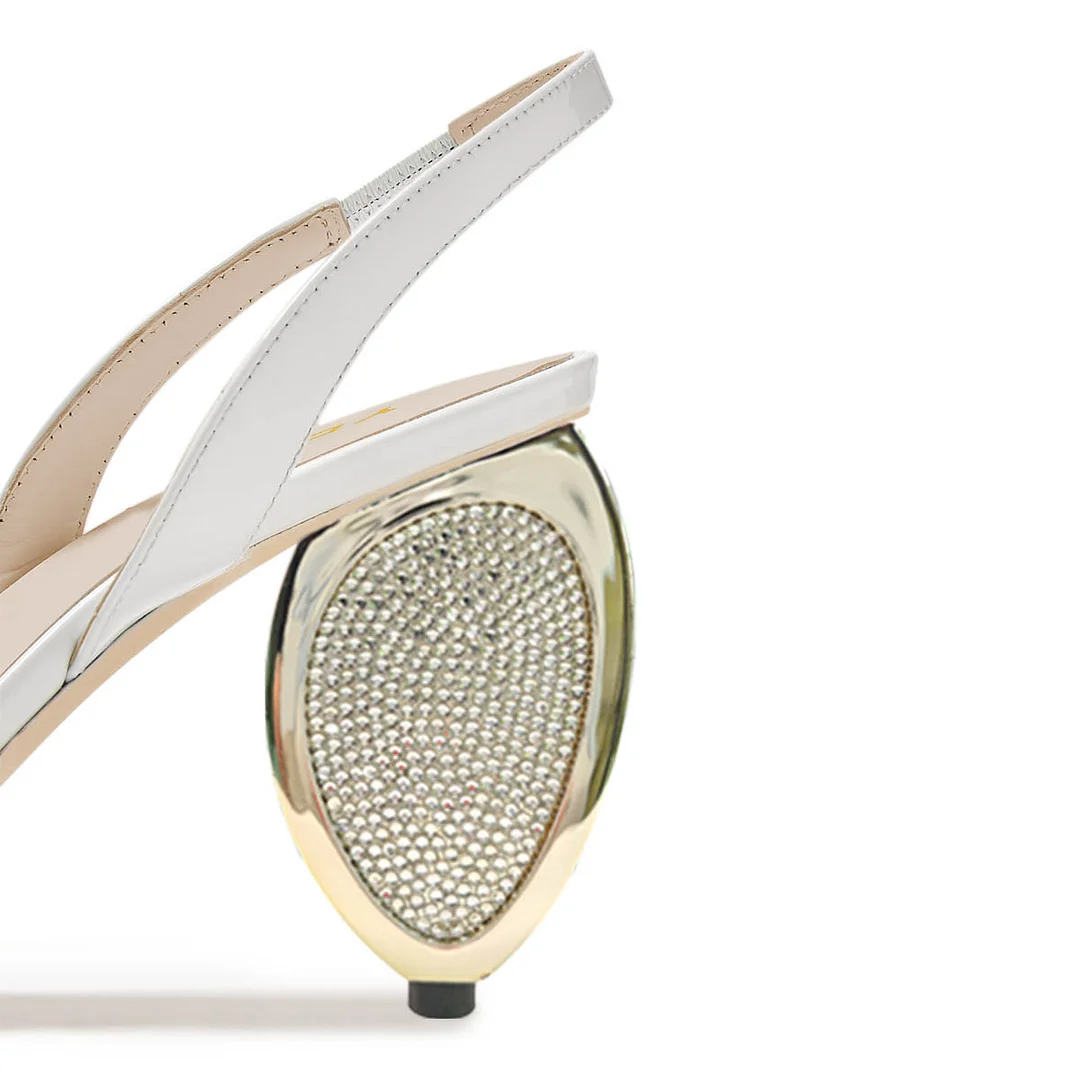 Patent Leather Sculptural Heel Slingback White Pumps with Rhinestones