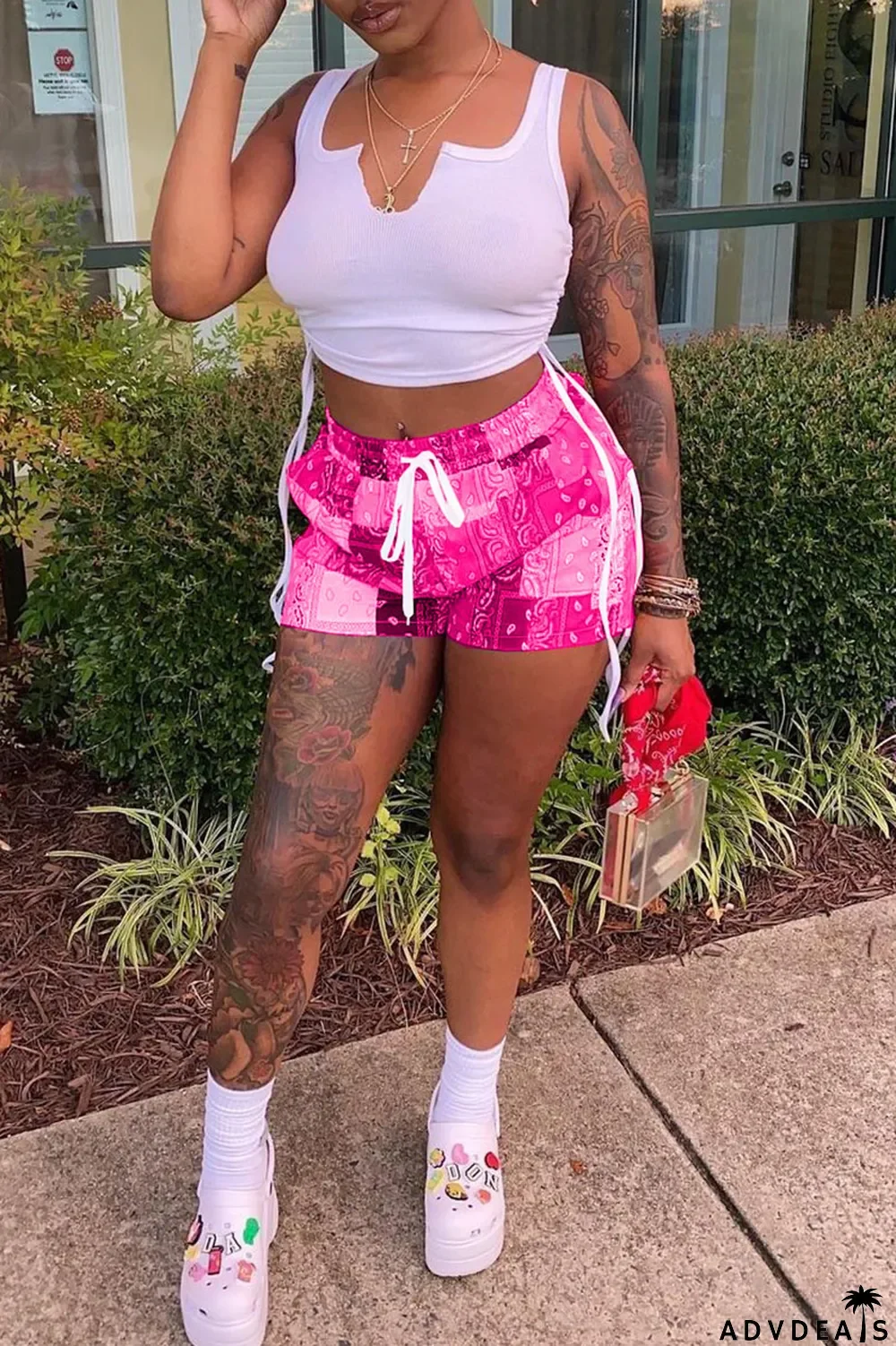 Grey Sexy Print Ripped Contrast Spaghetti Strap Sleeveless Two Pieces