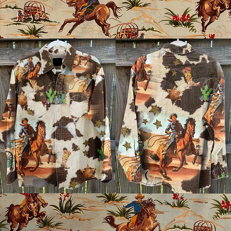 Vintage Western Seamless Pattern Print Casual Shirt