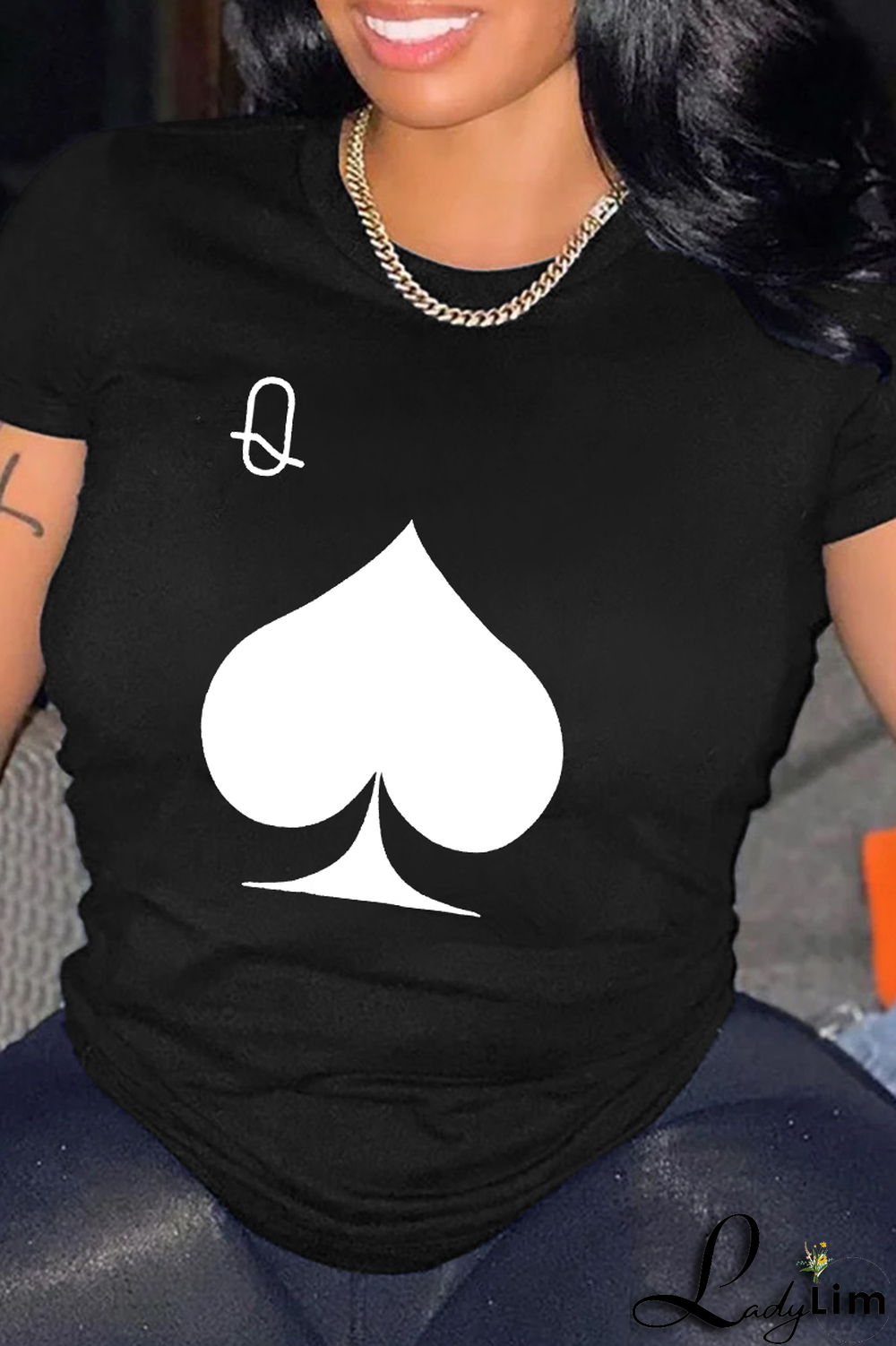 Navy Blue Fashion Casual Print Split Joint O Neck T-Shirts