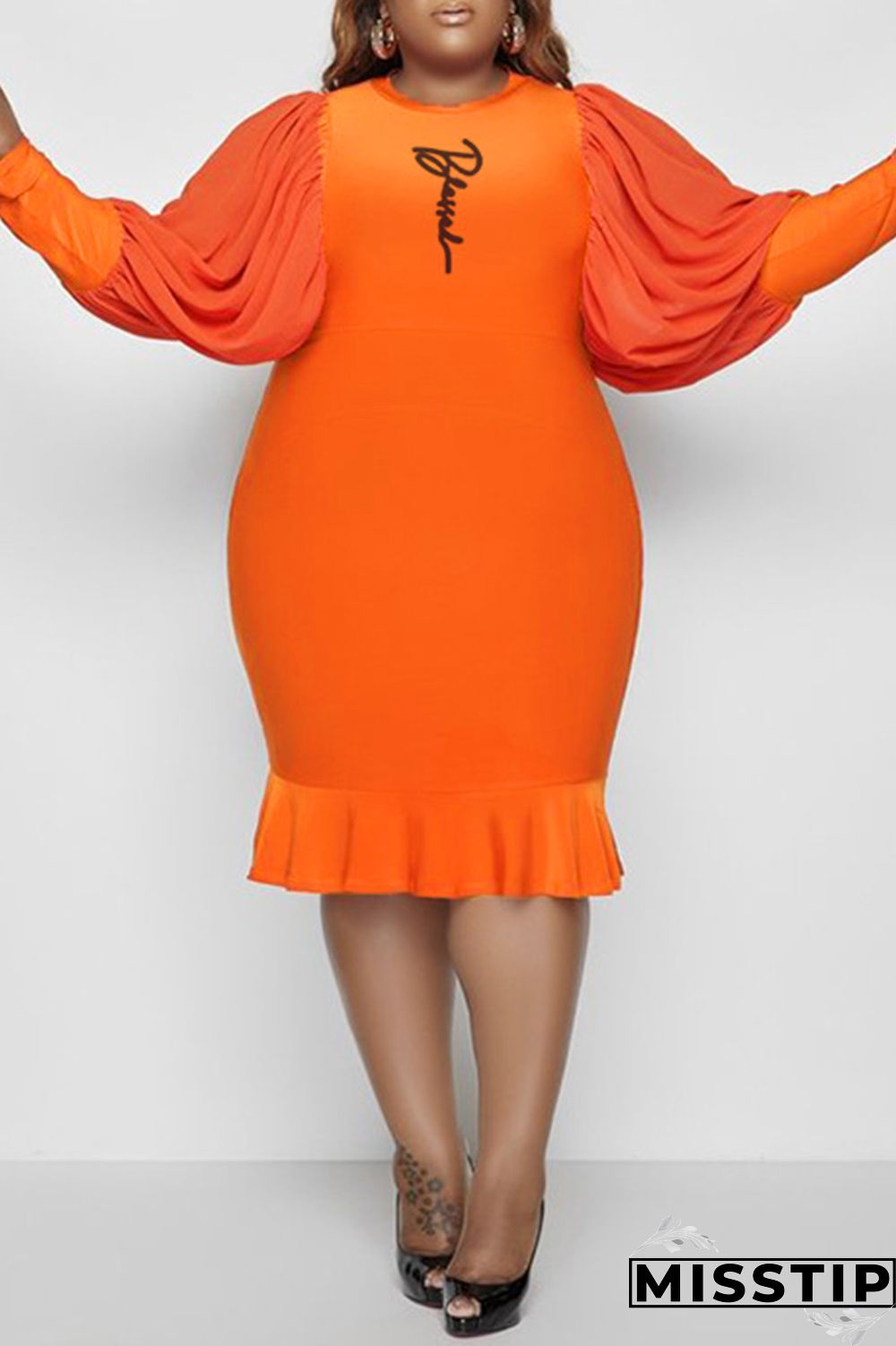 Orange Casual Print Patchwork O Neck Long Sleeve Plus Size Dresses