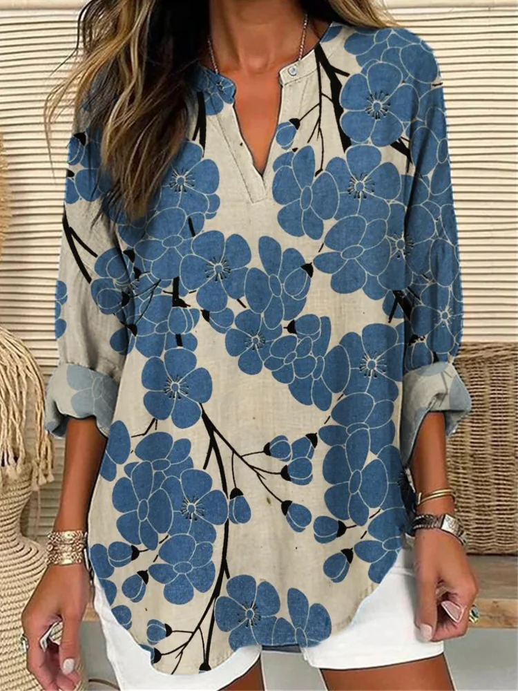 Plum Blossom Japanese Pattern Linen Blend Tunic